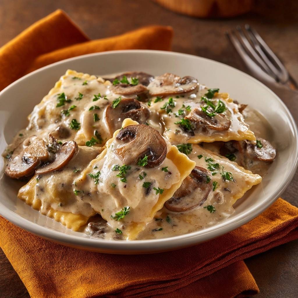 Creamy mushroom ravioli with a rich, no-watery sauce and fresh parsley garnish, shown in a close-up view.