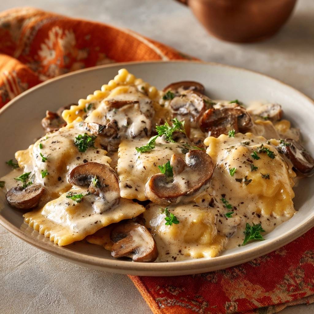 Creamy mushroom ravioli with a never-watery sauce, shown in a close-up view highlighting the rich sauce and fresh parsley garnish.