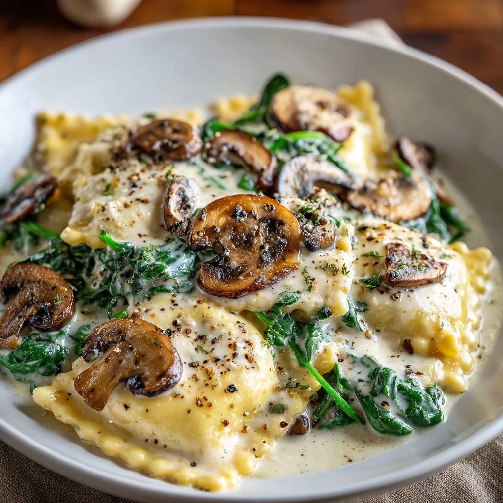 Creamy mushroom spinach ravioli with silky sauce served in a white bowl, showcasing plump ravioli and sautéed mushrooms.