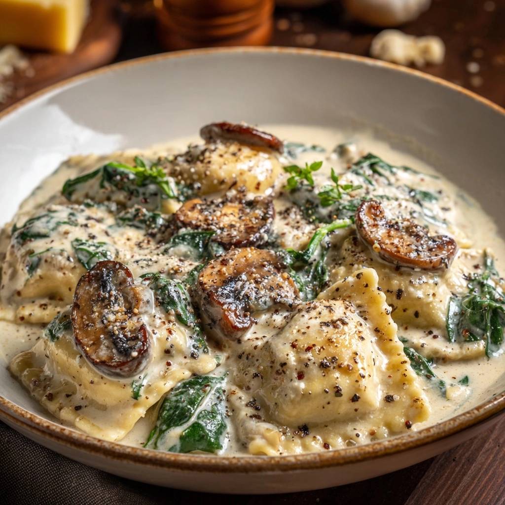 Creamy mushroom spinach ravioli with silky sauce served in a close-up bowl view, topped with mushrooms and herbs.