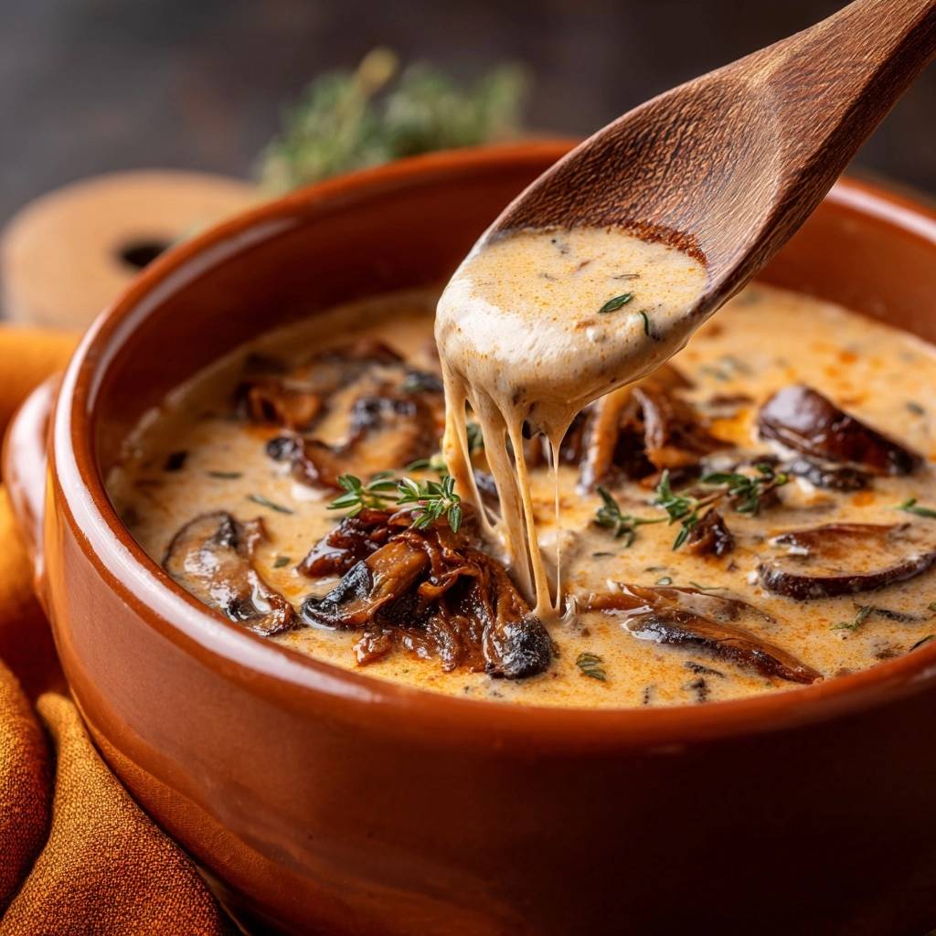Creamy mushroom thyme soup being scooped with a wooden spoon, showing its velvety texture and fresh thyme garnish.