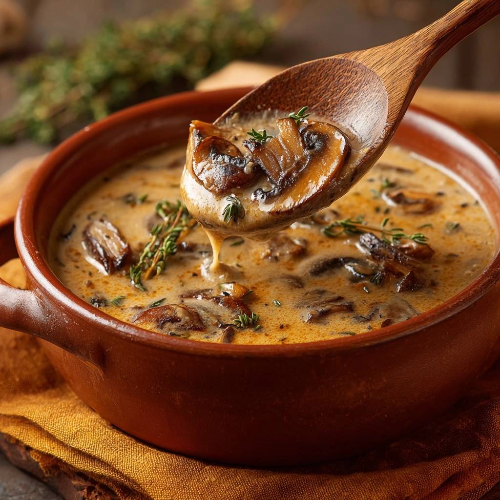 Creamy mushroom thyme soup with a spoonful lifted, showcasing thick, velvety texture and fresh thyme garnish.
