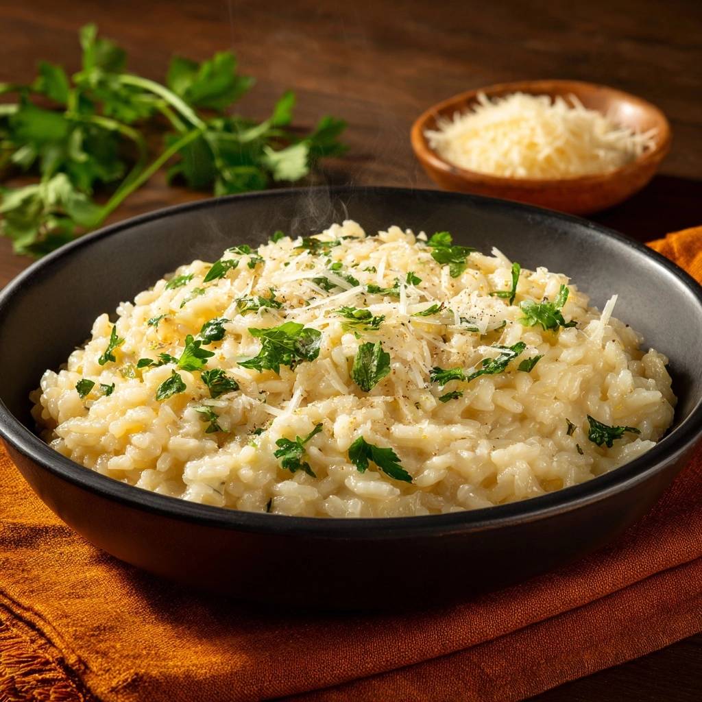 Creamy Parmesan Risotto shown steaming and garnished with fresh parsley and grated cheese in a dark bowl.