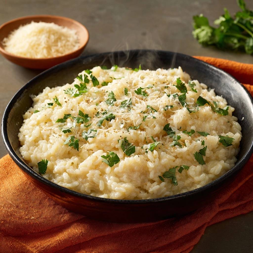 Creamy Parmesan Risotto steaming in a dark bowl, garnished with fresh parsley and grated cheese.