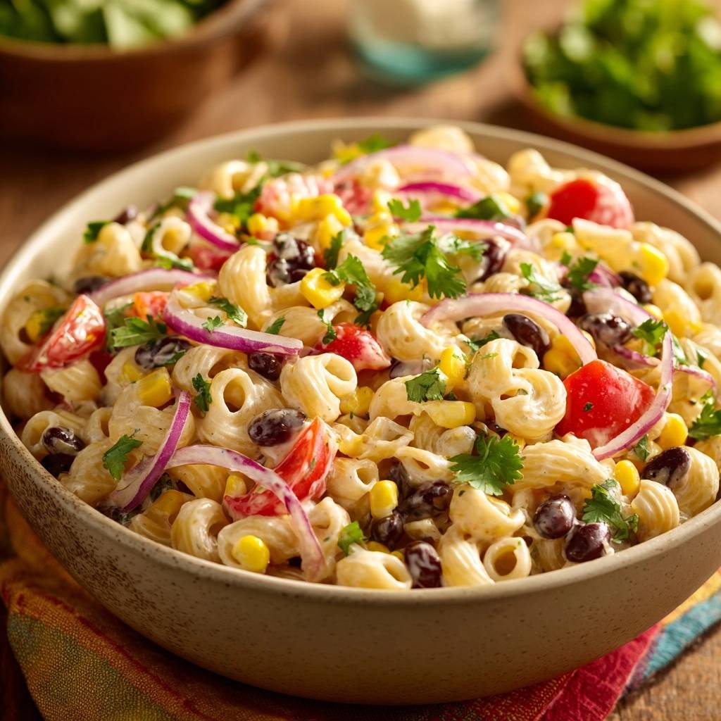 Creamy Southwest Pasta Salad with firm noodles, black beans, corn, tomatoes, and red onion in a close-up bowl view.