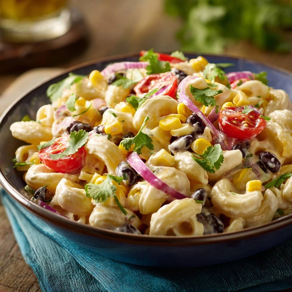 Creamy Southwest Pasta Salad with corn, black beans, and tomatoes in a blue bowl, a close-up view.