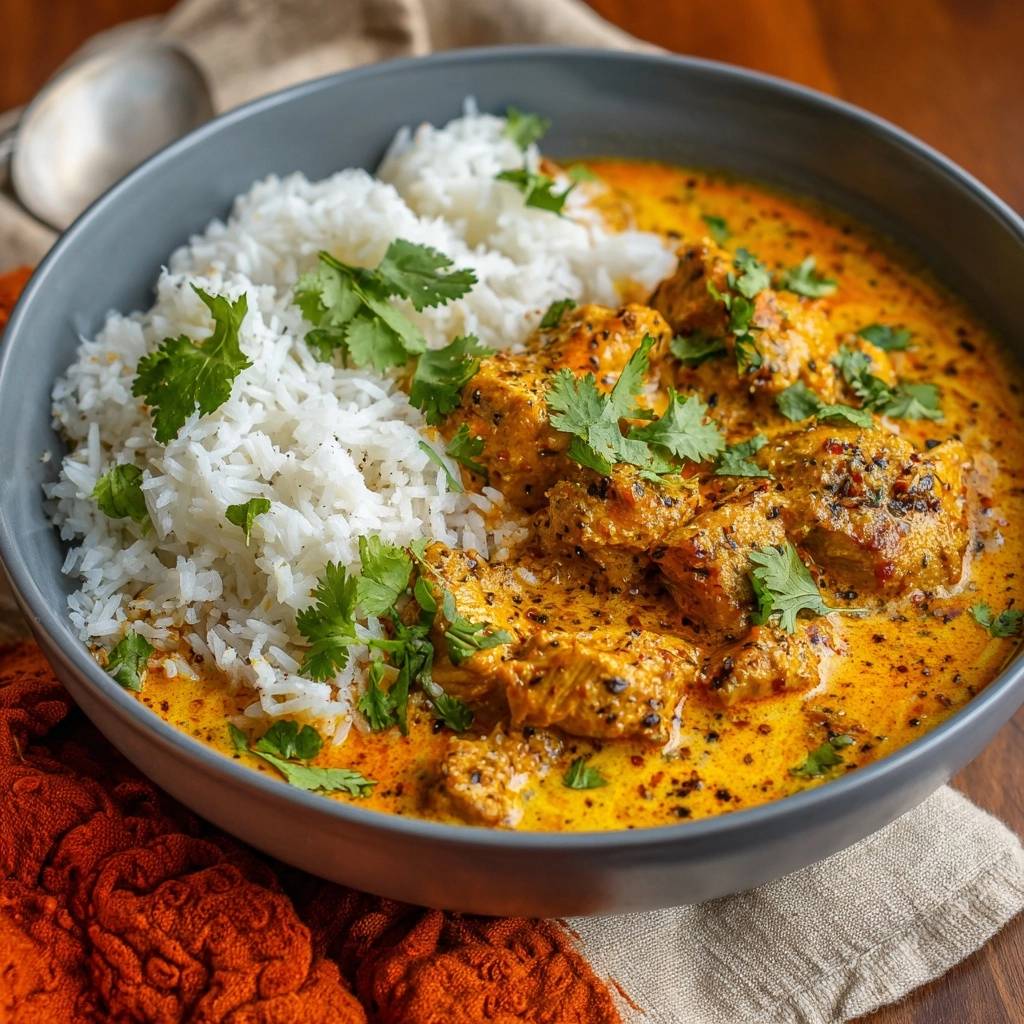 Creamy spiced chicken curry served in a bowl with fluffy white rice and fresh cilantro garnish.