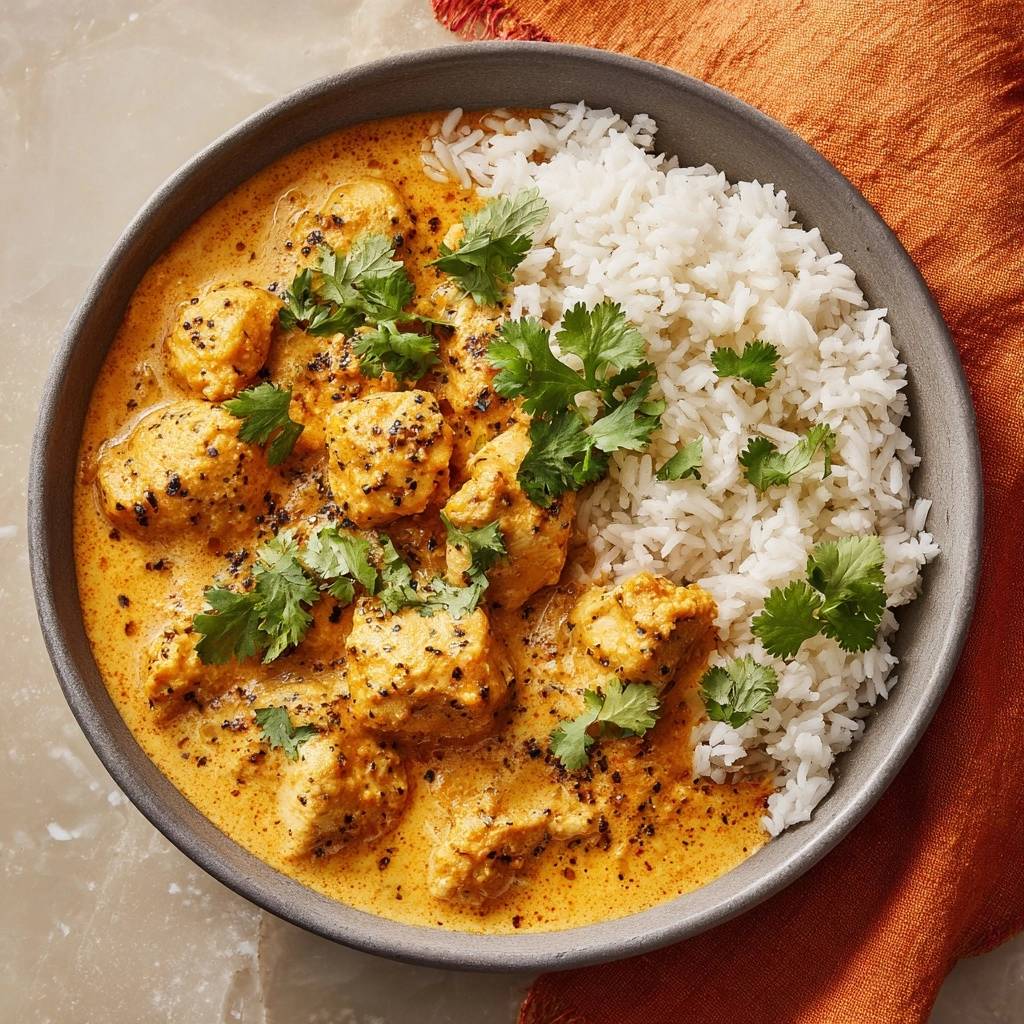 Creamy spiced chicken curry served in a bowl with fluffy white rice and fresh cilantro garnish.