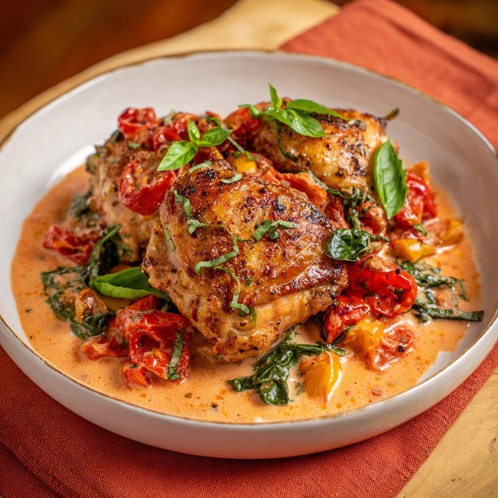 Creamy sun-dried tomato chicken thighs with crispy skin, served in a white bowl with a close-up view of the saucy chicken and vegetables.