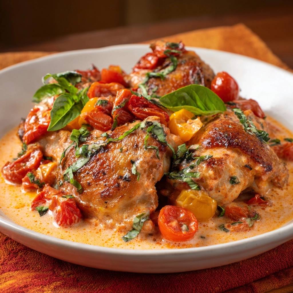 Creamy sun-dried tomato chicken thighs with crispy skin served in a white bowl with halved cherry tomatoes and fresh basil.