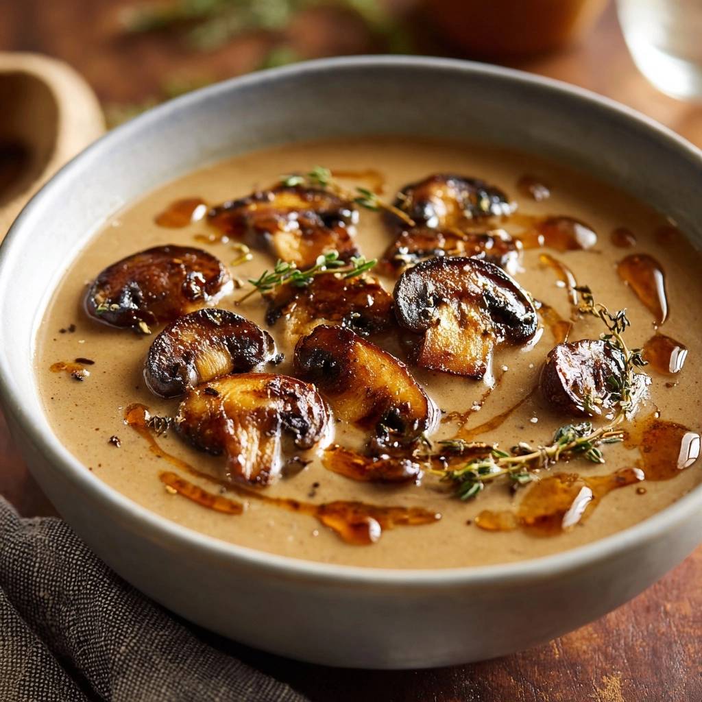 Creamy thyme mushroom soup with glistening caramelized mushroom slices and fresh thyme garnish in a bowl.
