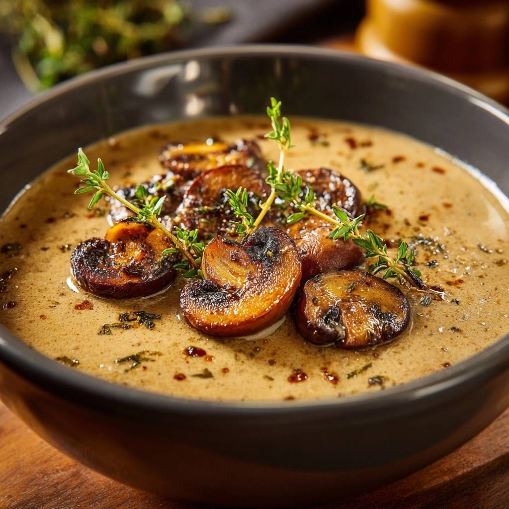 Creamy thyme mushroom soup with caramelized mushrooms and fresh thyme sprigs as a garnish detail.