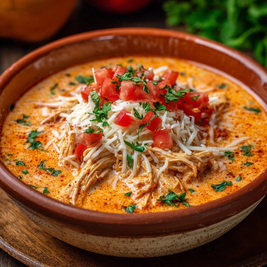 Ultra creamy tomato chicken soup recipe with a generous topping of shredded cheese, diced tomatoes, and fresh parsley.