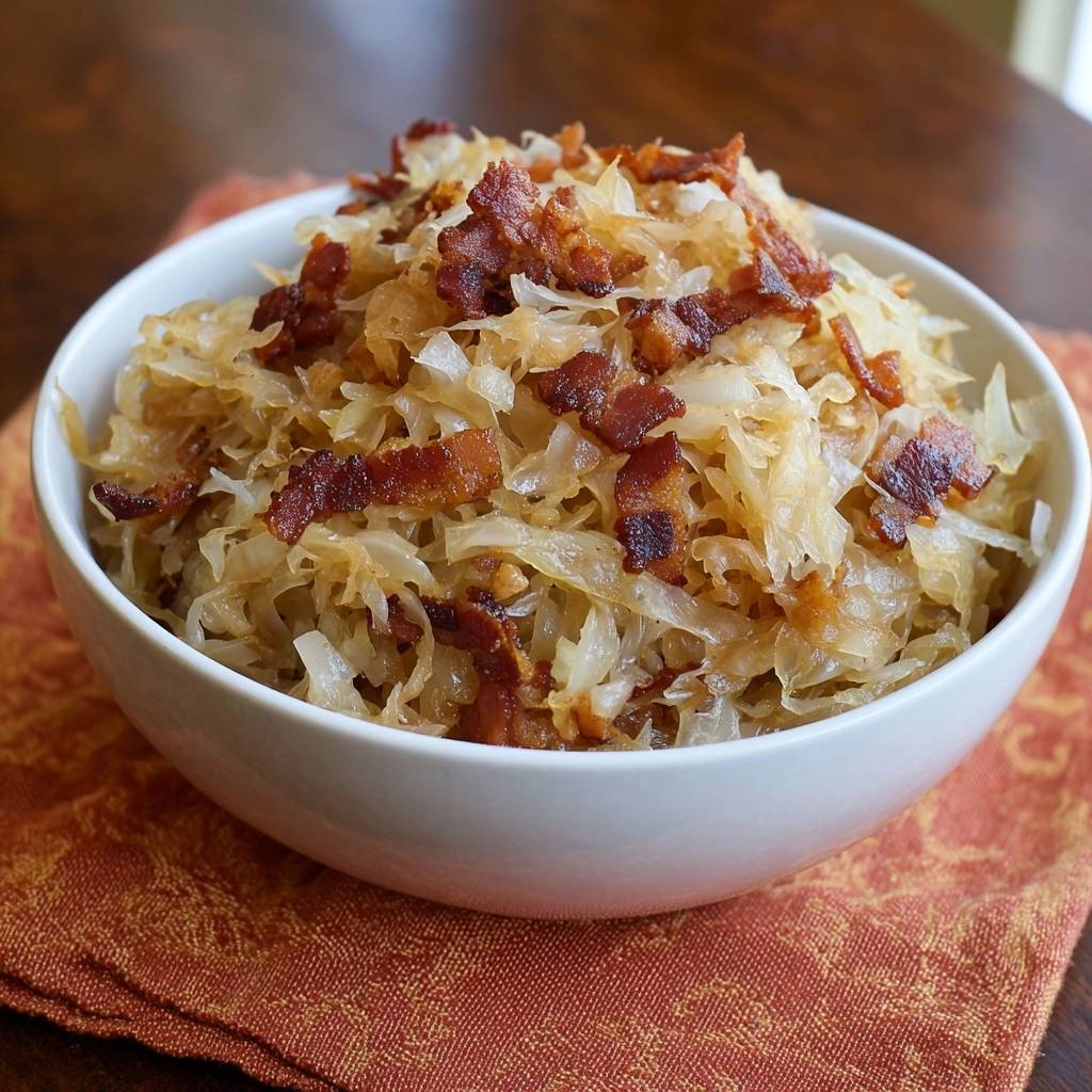 Crispy bacon fried cabbage served in a white bowl, showcasing the tender-crisp cabbage and savory bacon topping.