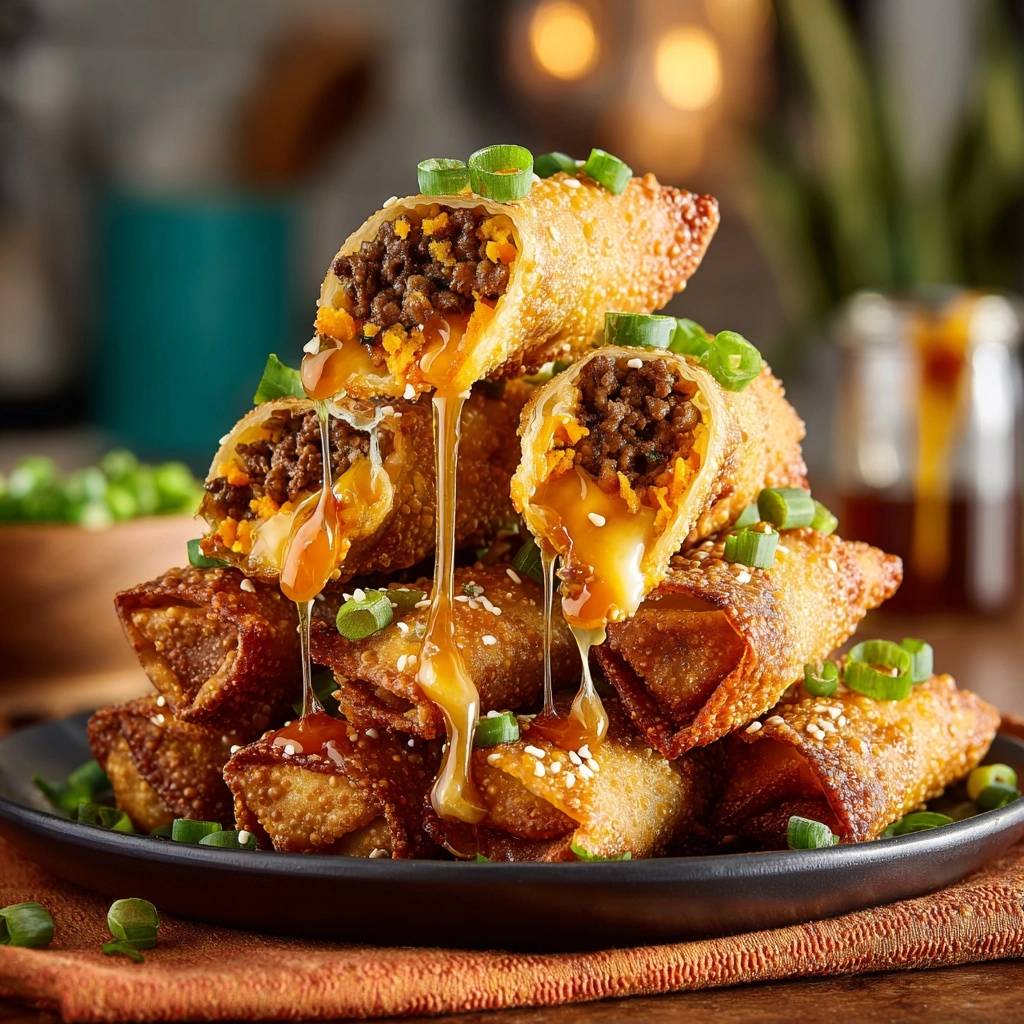 Crispy beef cheese egg rolls cross-section with glaze dripping down, garnished with scallions.