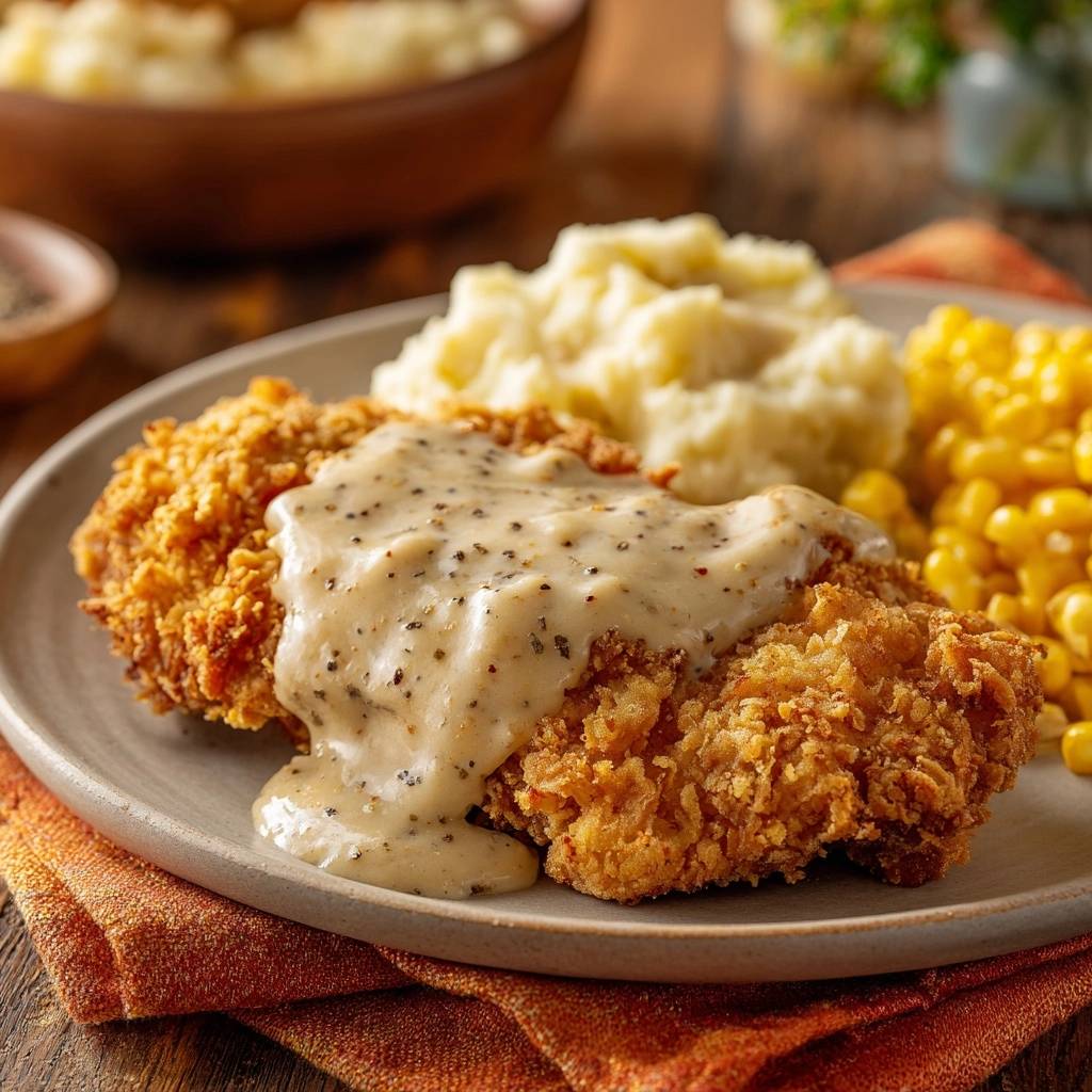 Crispy breaded chicken with creamy pepper gravy served on a plate with mashed potatoes and corn.