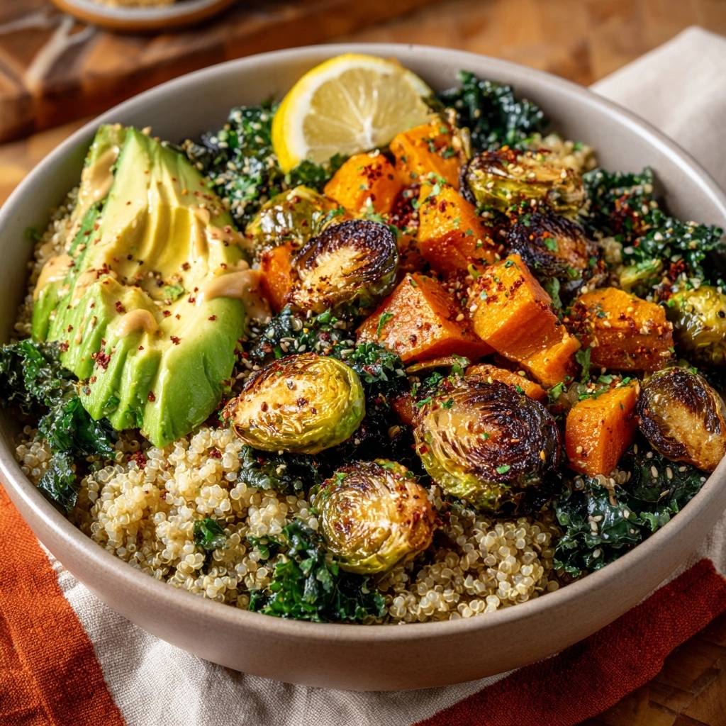 Crispy Brussels & Sweet Potato Quinoa Power Bowl shown from an overhead perspective with a close-up on the avocado and roasted vegetables.