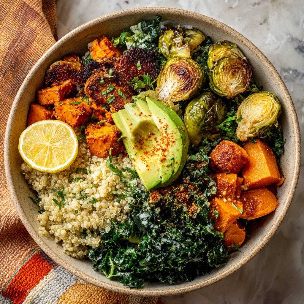 Crispy Brussels & Sweet Potato Quinoa Power Bowl shown from a full overhead view in a rustic bowl with avocado and lemon.