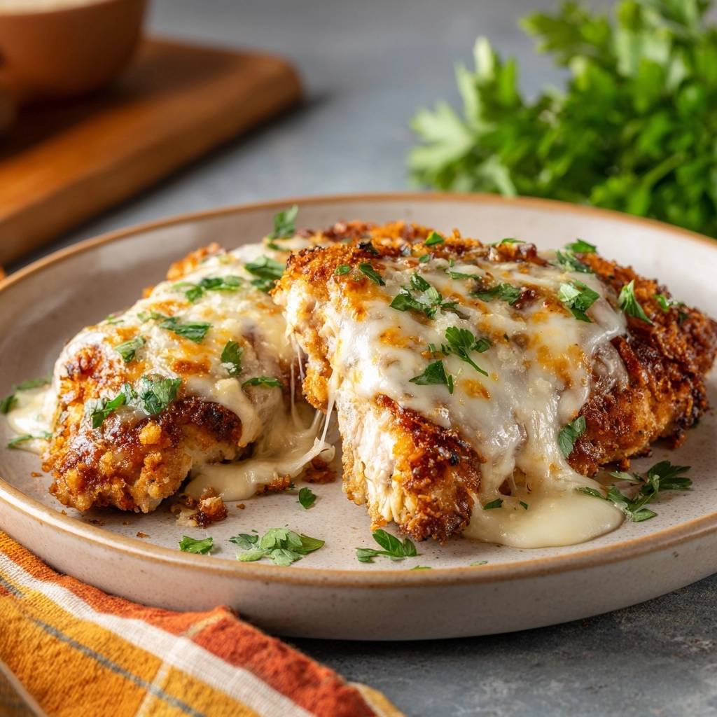 Crispy cheesy chicken cutlets with a gooey cheese pull, garnished with fresh parsley on a plate.
