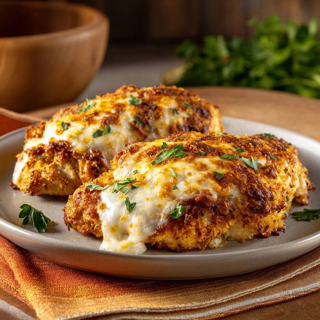 Crispy cheesy chicken cutlets with melted cheese and fresh parsley, a close-up detail shot.
