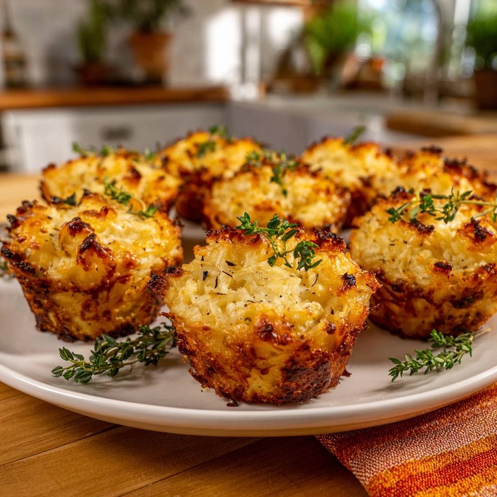 Crispy cheesy potato nests with a close-up view of the savory filling and fresh thyme garnish.