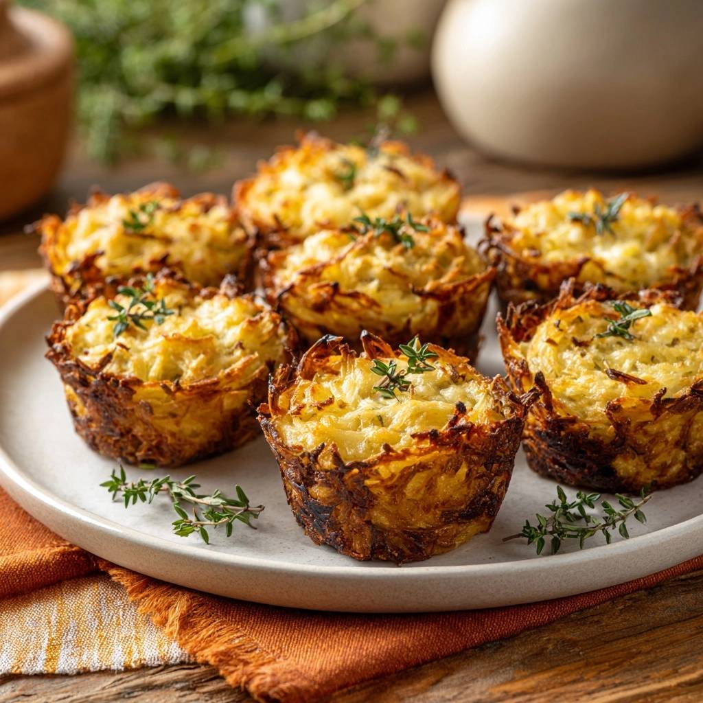 Crispy cheesy potato nests on a white plate, garnished with fresh thyme sprigs, showcasing their golden-brown edges.