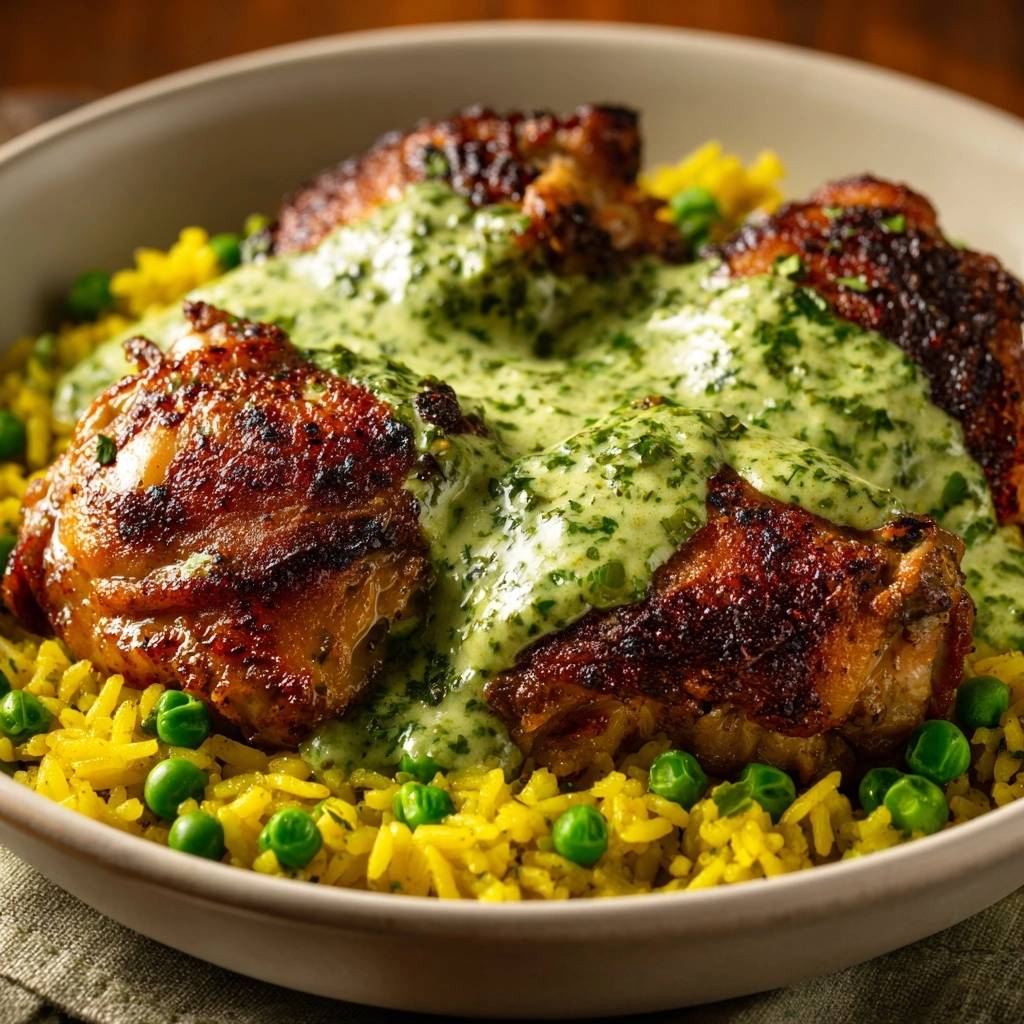 Crispy chicken thighs with chimichurri and turmeric pea rice, shown in a close-up view highlighting the vibrant green sauce.