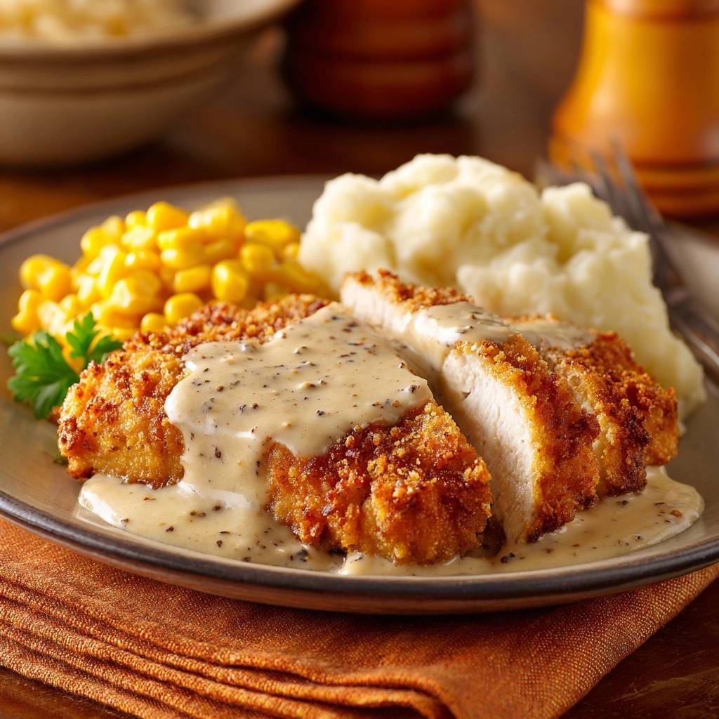 Crispy breaded chicken with creamy pepper gravy sliced on a plate, served with mashed potatoes and corn.
