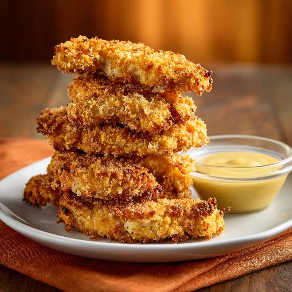 Crispy chicken tenders with unfailing breading stacked high next to a bowl of dipping sauce.