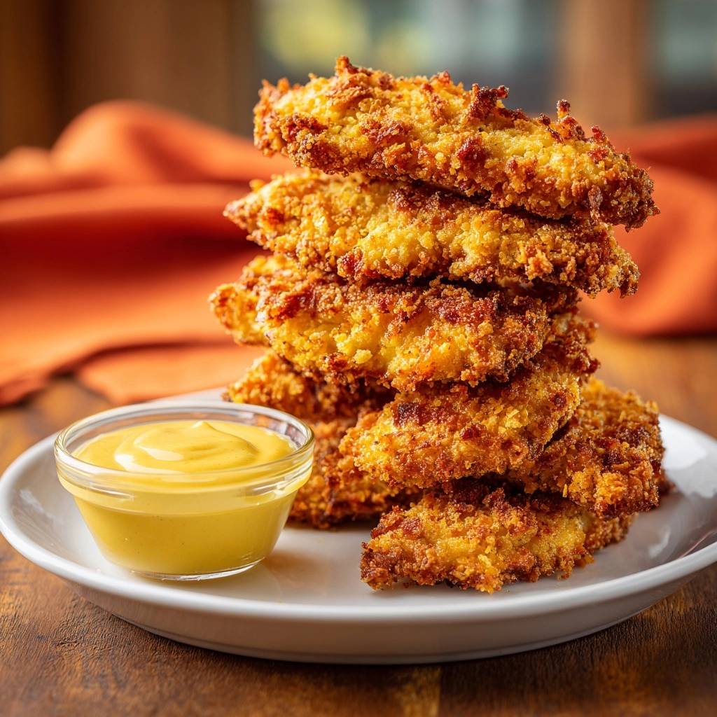 Crispy chicken tenders stacked high next to a small bowl of dipping sauce, showcasing their golden breading.