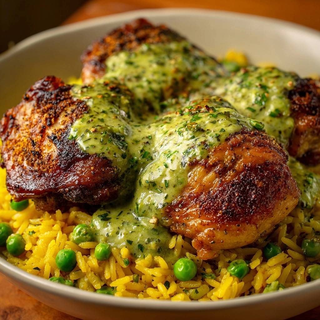 Crispy chicken thighs with chimichurri and turmeric pea rice, shown in a close-up view with vibrant green sauce drizzled over the top.