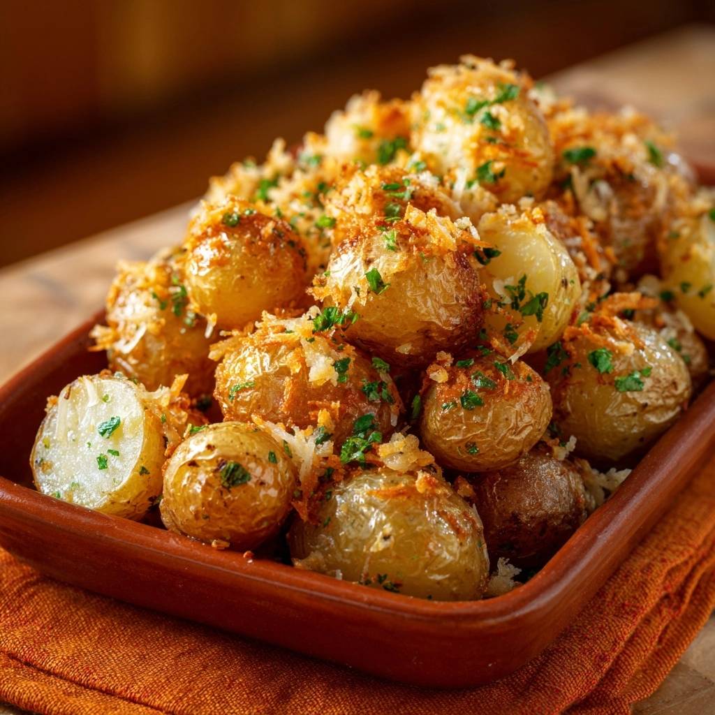 Crispy coconut baby potatoes with a close-up view showcasing the herb and breadcrumb garnish.