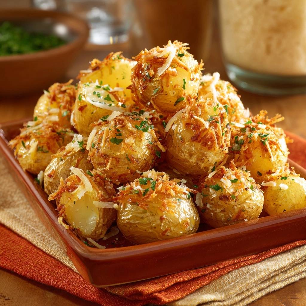 Crispy coconut baby potatoes with a golden-brown topping of shredded coconut and fresh parsley.