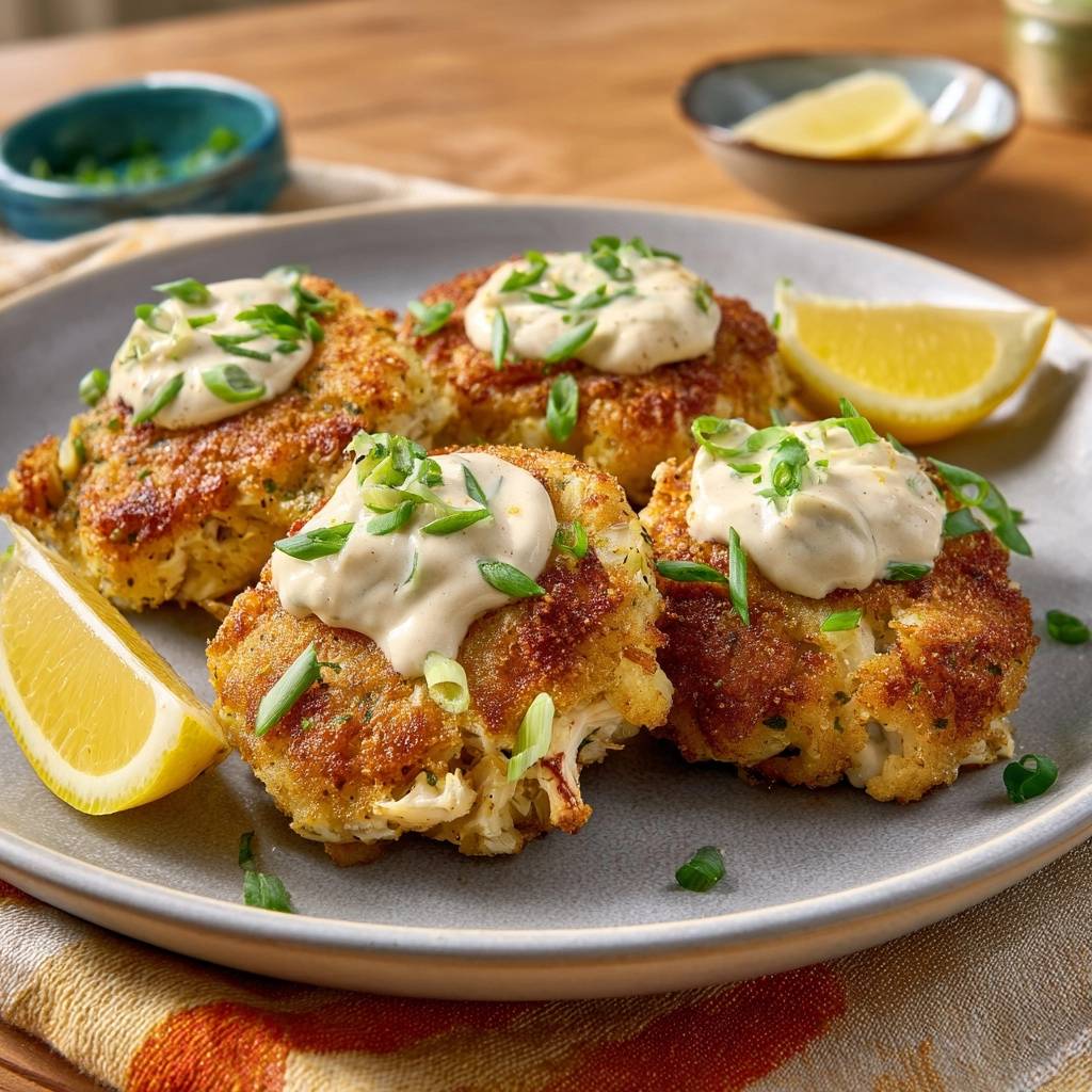 Crispy crab cakes plated with a dollop of sauce and fresh green onion garnish.