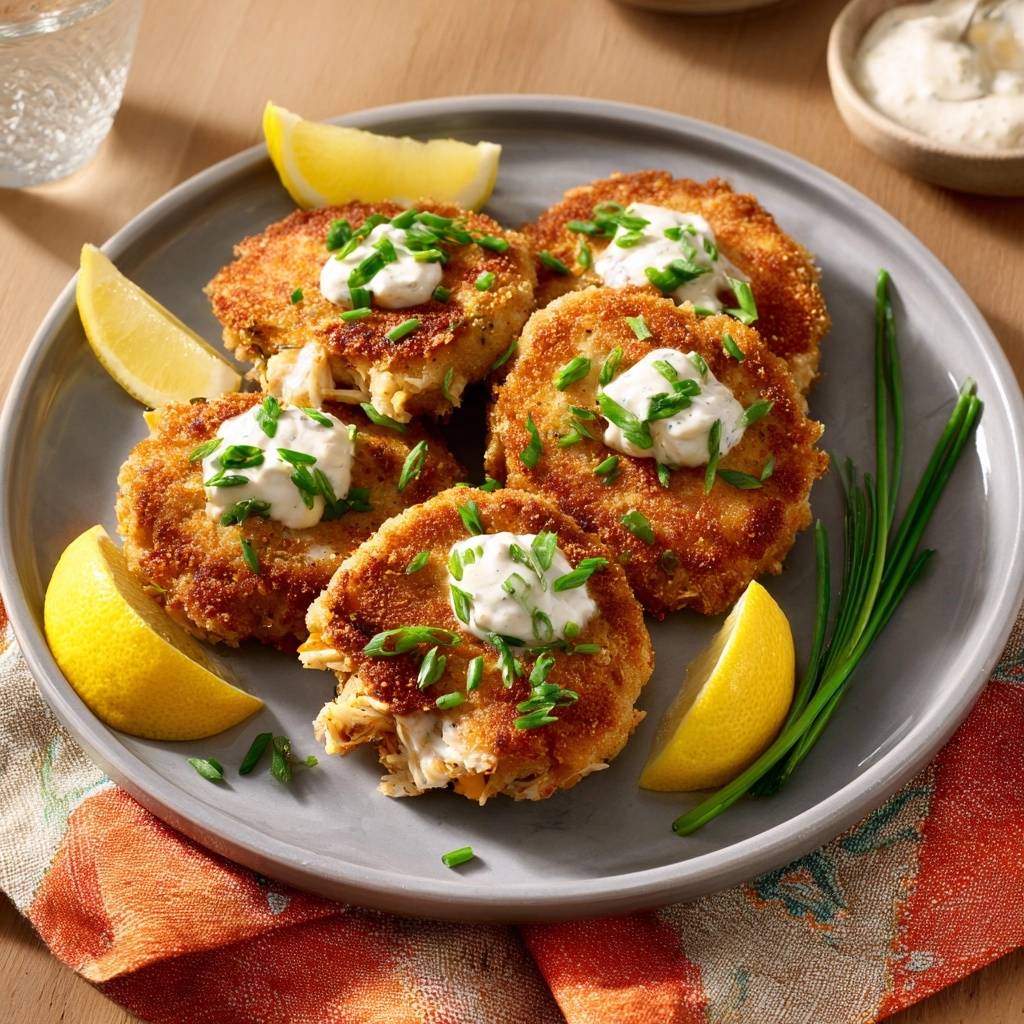 Crispy crab cakes plated with lemon wedges and a dollop of creamy sauce, garnished with chives.
