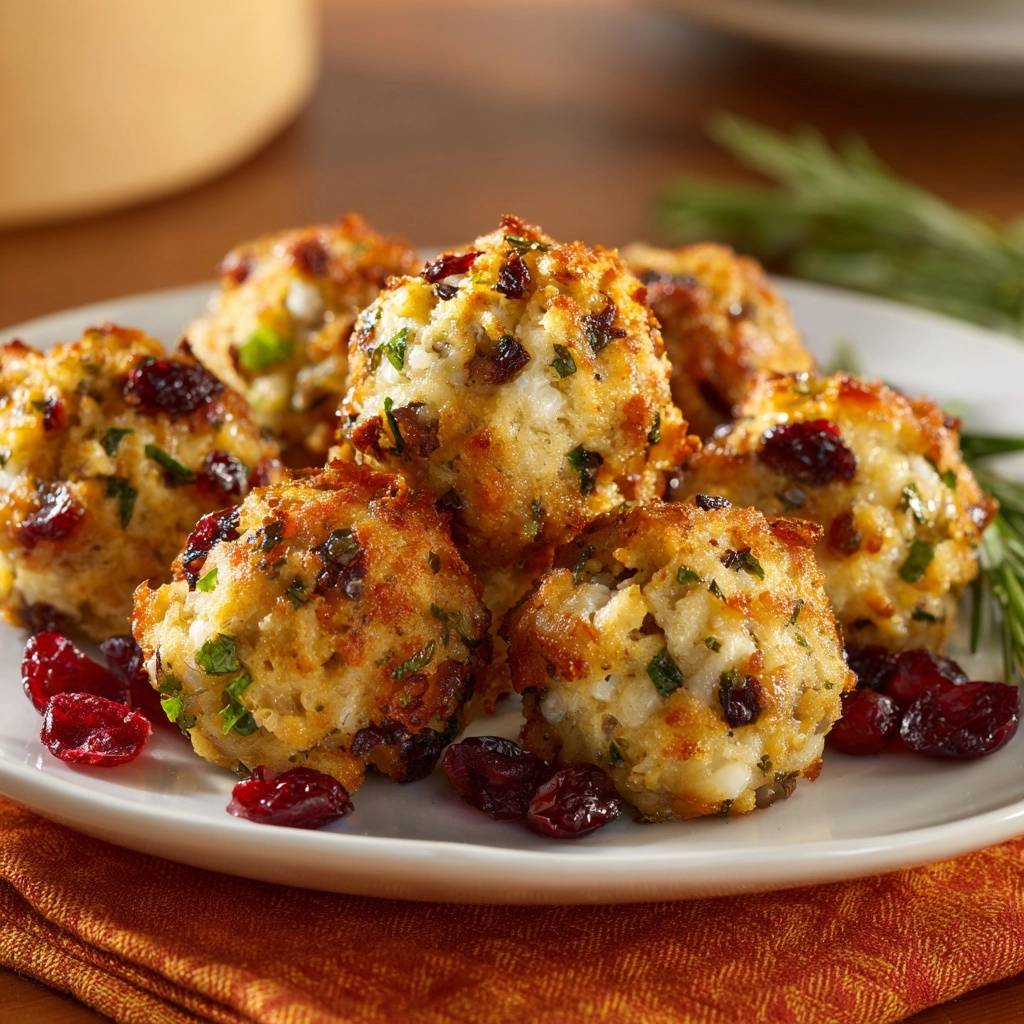 Crispy cranberry goat cheese balls are artfully arranged on a white plate with scattered dried cranberries, showcasing their textured exterior.