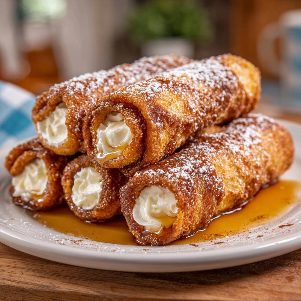 Crispy cream-filled French toast roll-ups stacked on a plate, dusted with powdered sugar and drizzled with syrup.