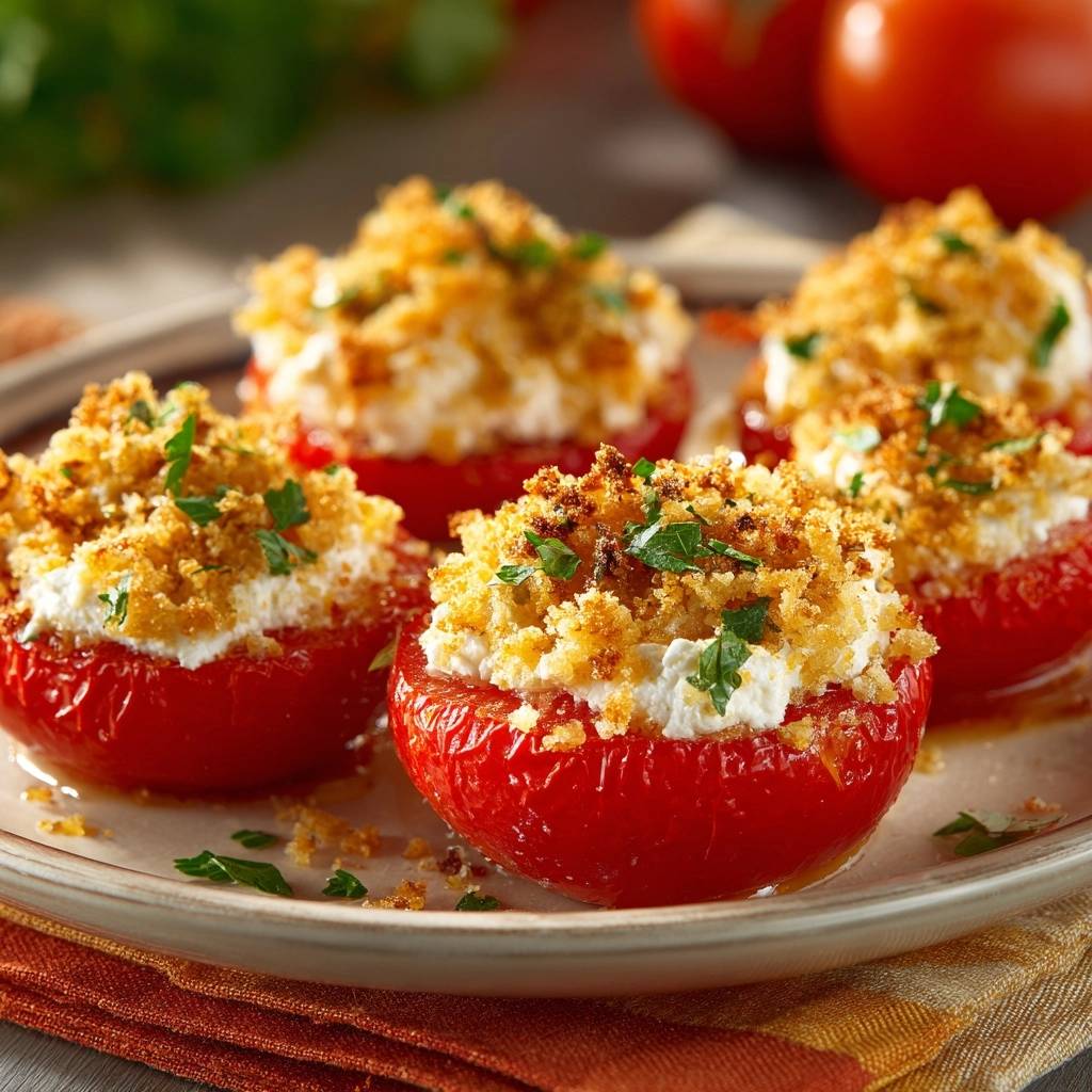 Crispy Feta Stuffed Tomatoes served plated on a light-colored dish, with four stuffed tomatoes visible in the shot.
