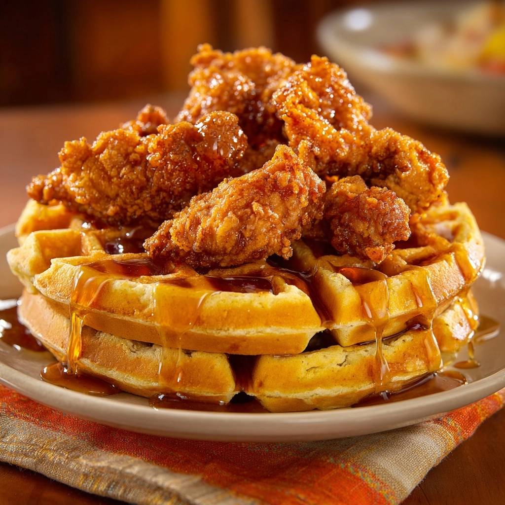 Crispy fried chicken and waffles generously drizzled with golden maple syrup on a plate.