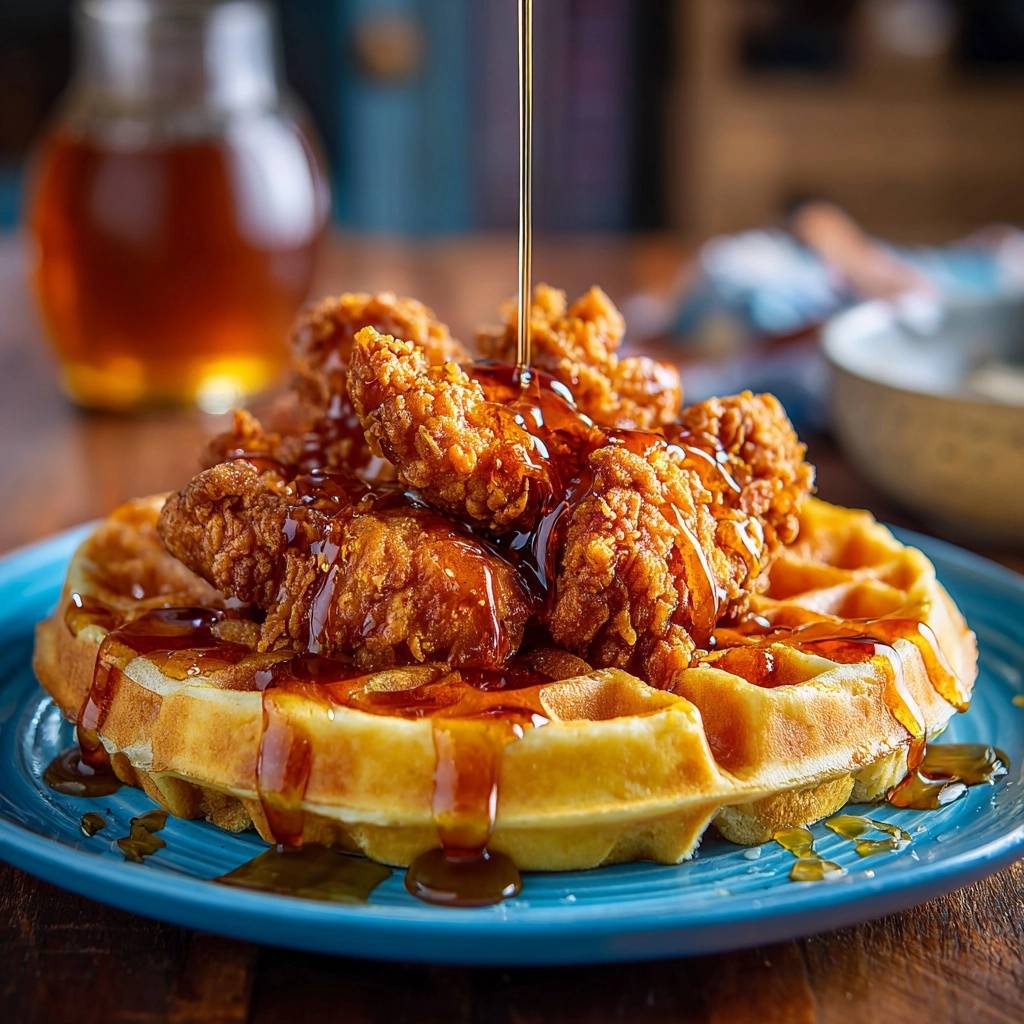 Crispy fried chicken and waffles with a generous drizzle of honey on a blue plate.