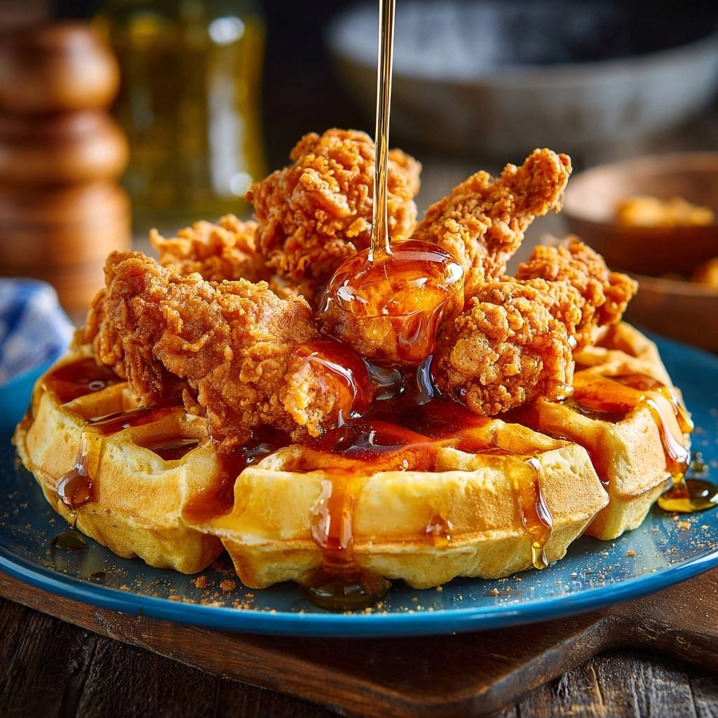 Crispy fried chicken and waffles with maple syrup being drizzled on top, served on a blue plate.