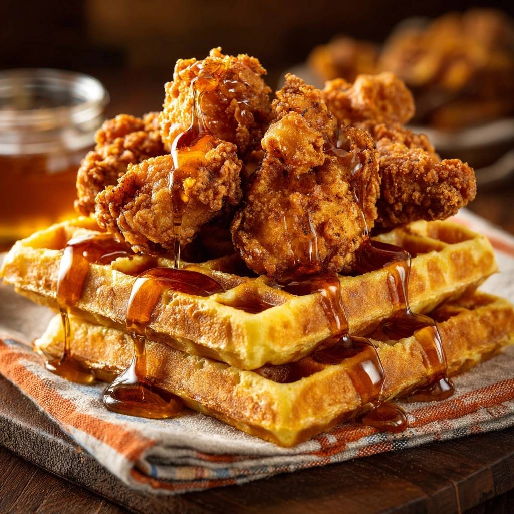 Crispy fried chicken and waffles with golden syrup drizzled generously over the stack.