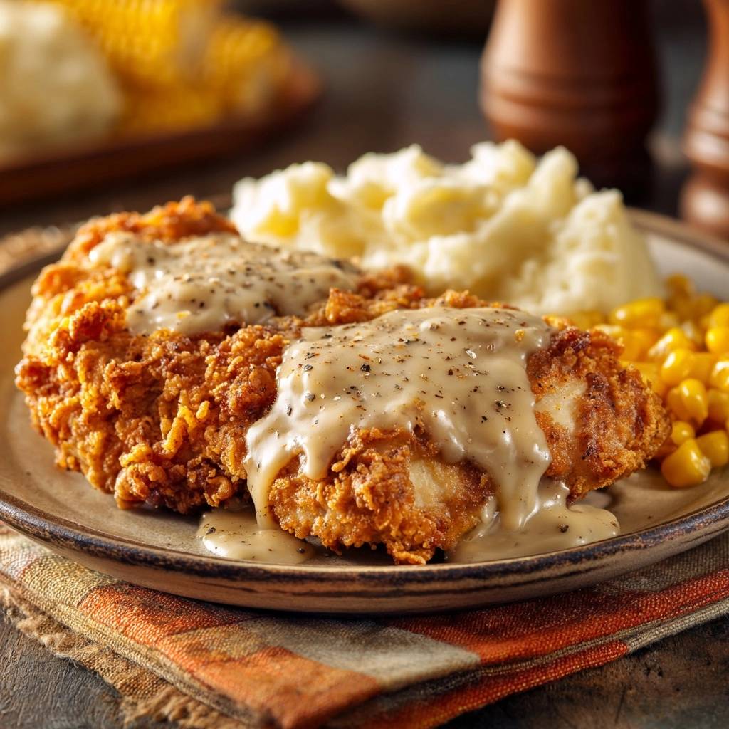 Crispy fried chicken with pepper gravy, mashed potatoes, and corn, served on a plate with a close-up view.