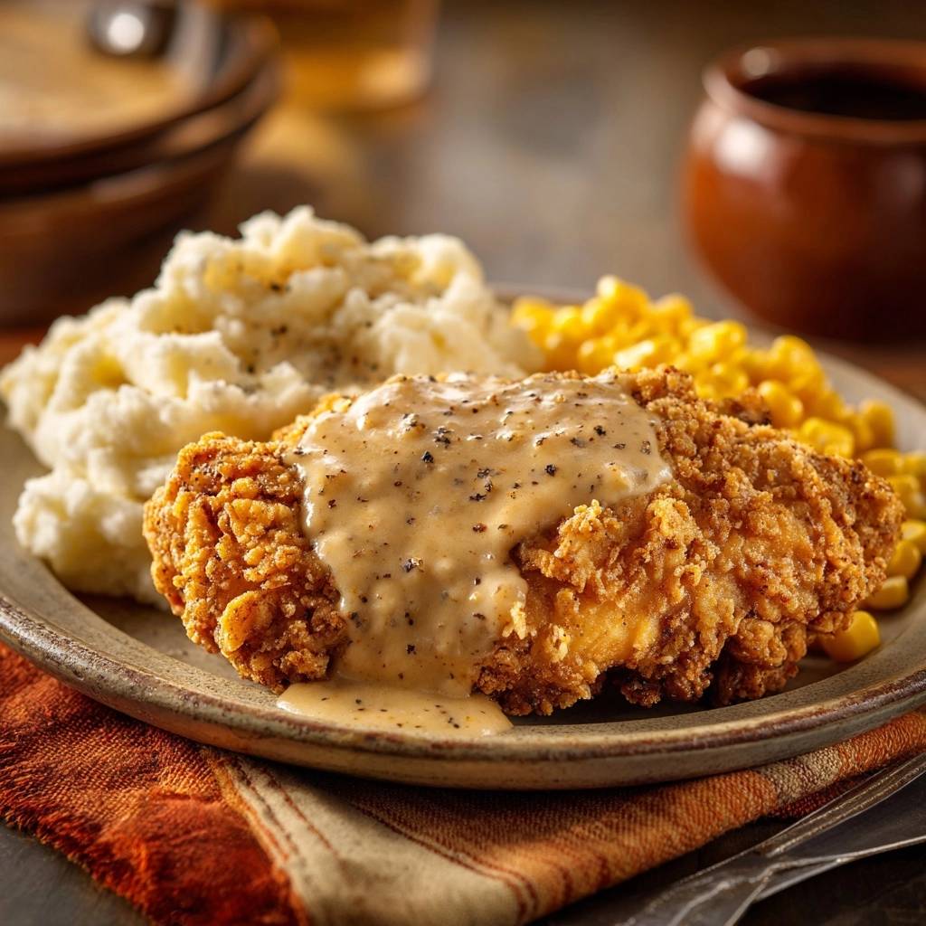 Crispy fried chicken with pepper gravy, mashed potatoes, and corn, shown as a plated close-up with gravy drizzled over the chicken.