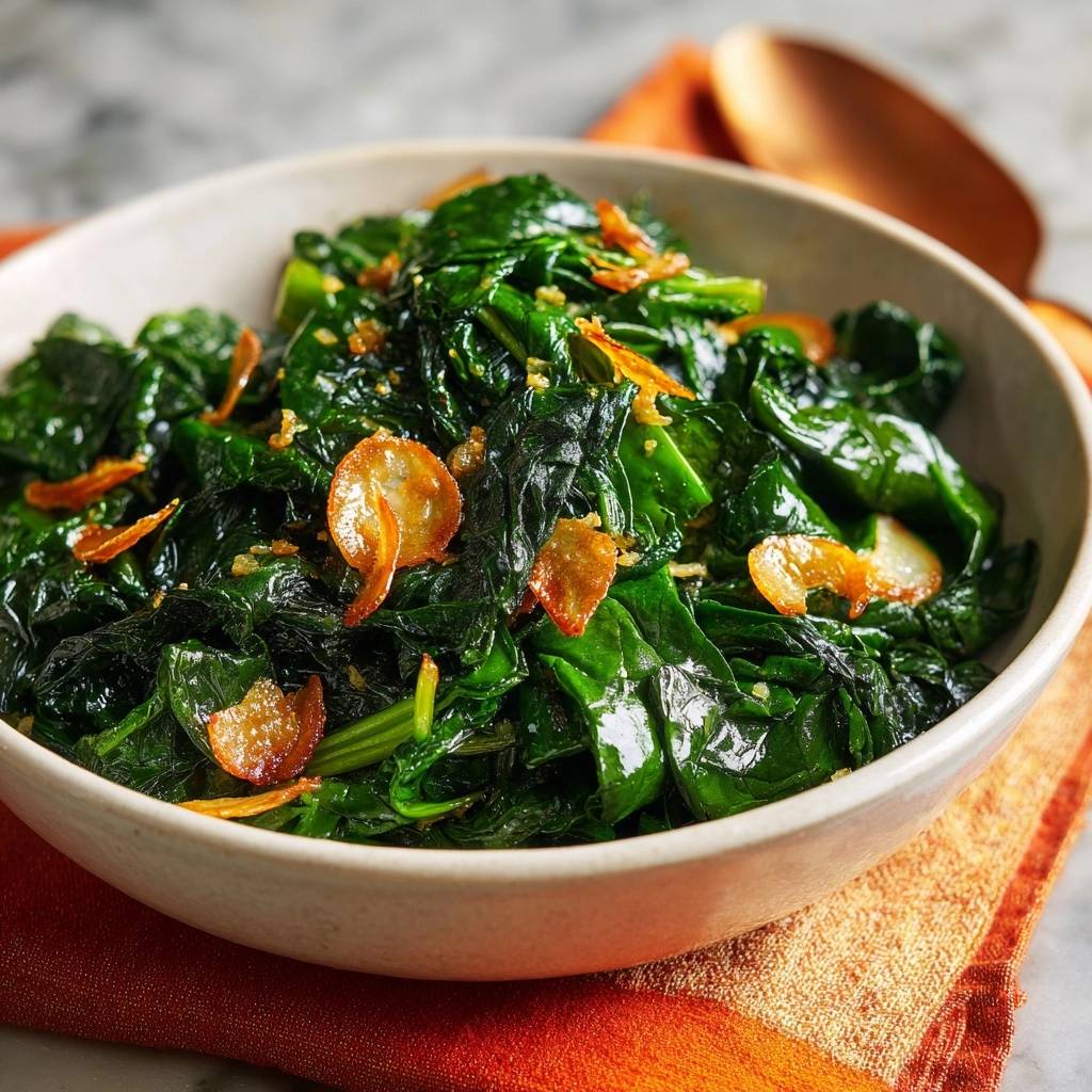Crispy garlic spinach with a close-up view of the texture and scattered fried garlic bits.