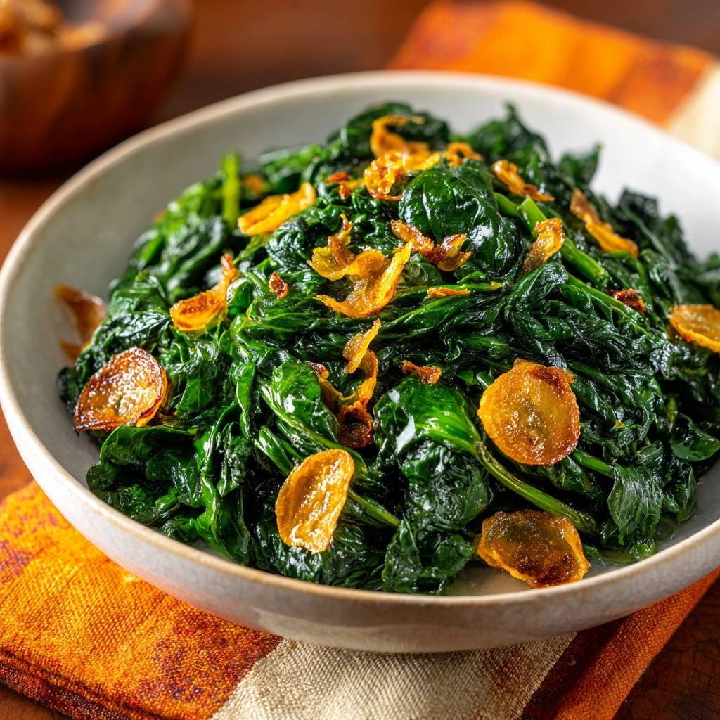 Crispy garlic spinach with a close-up detail of the fried garlic garnish and vibrant green leaves.