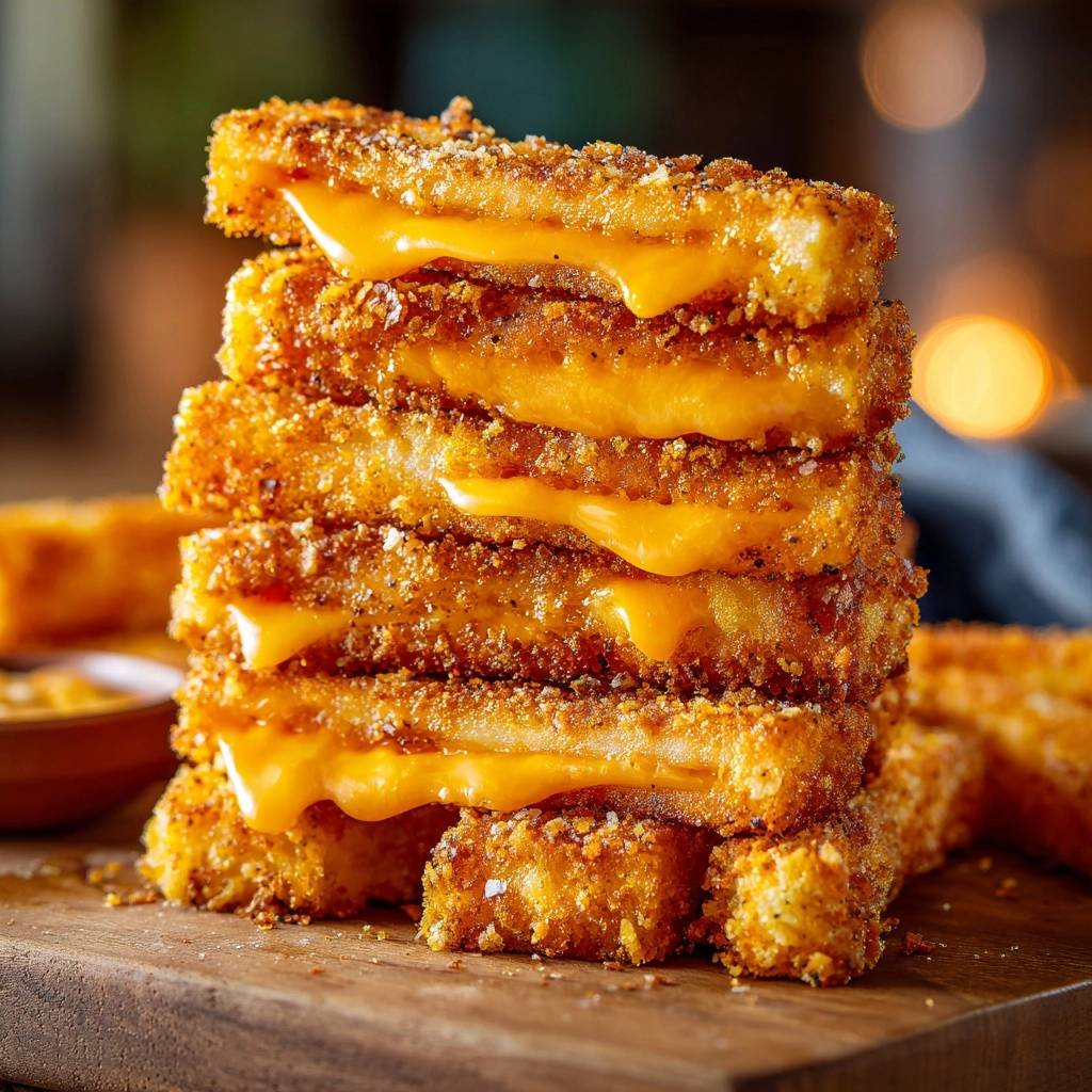 Ultimate Crispy Mozzarella Sticks showing a generous cheese pull from the stacked fried cheese fingers.