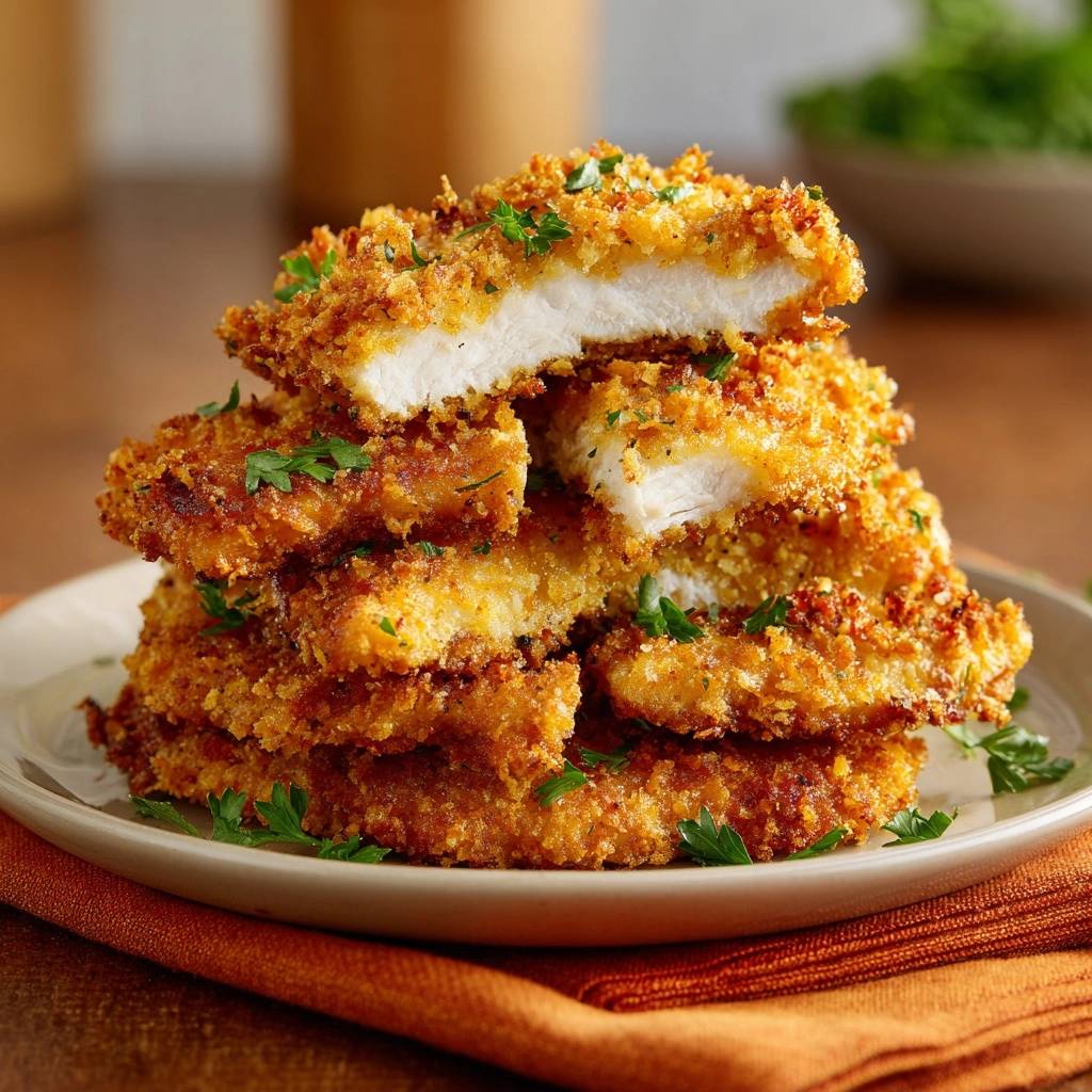 Crispy Panko chicken cutlets stacked high, with a close-up view revealing a juicy cross-section of the tender meat.