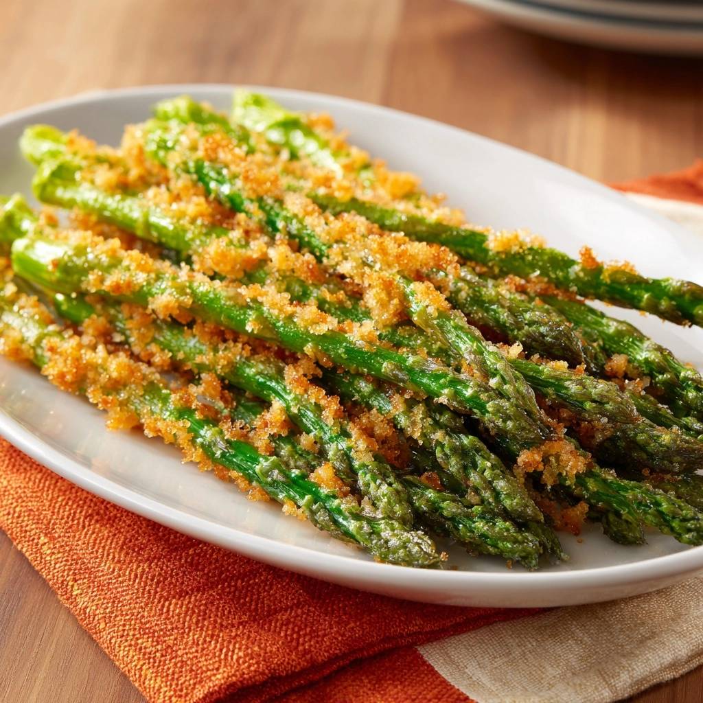 Crispy Parmesan Asparagus: oven-baked spears with a detailed view of the golden breadcrumb topping.