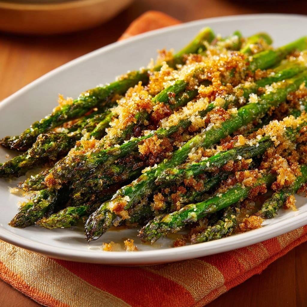 Crispy Parmesan Asparagus: Crunchy Oven-Baked Spears with a detailed view of the golden breadcrumb topping.